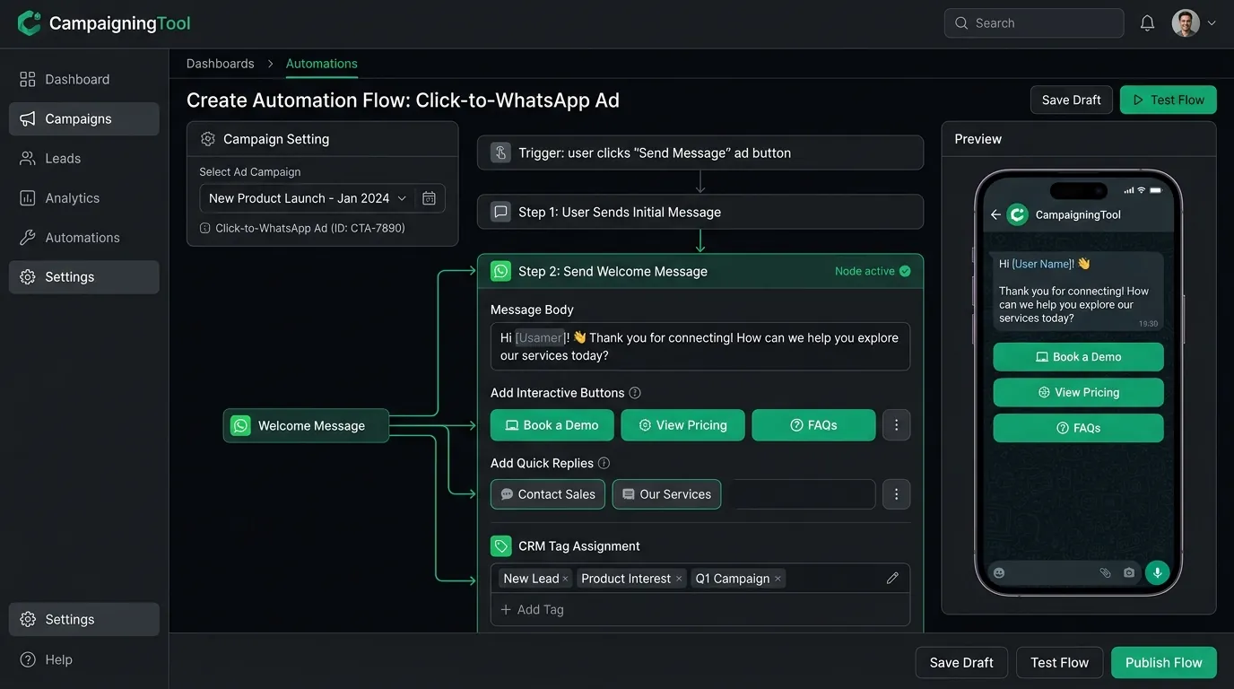 Setting a welcome message for a Click-to-WhatsApp ad in CampaigningTool