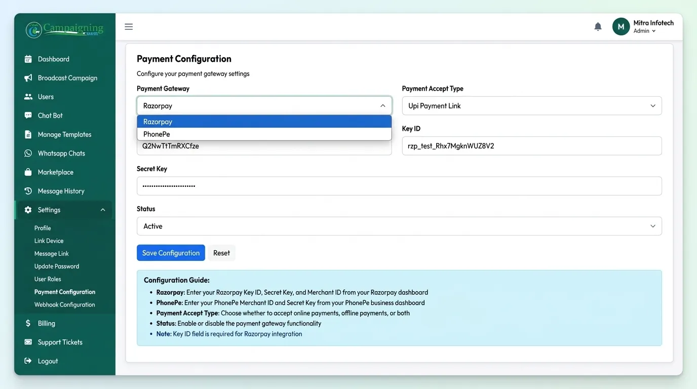 Connecting Razorpay and PhonePe payment gateway in CampaigningTool dashboard