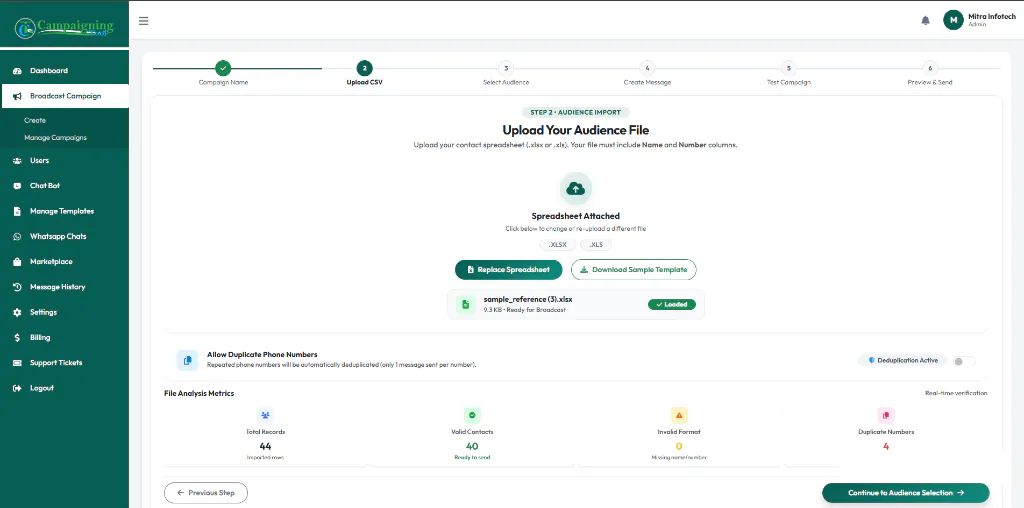 Uploading a contact list for a WhatsApp broadcast