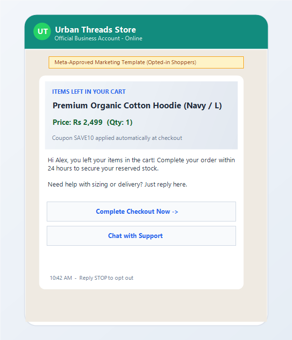 Example WhatsApp abandoned cart reminder with a product preview