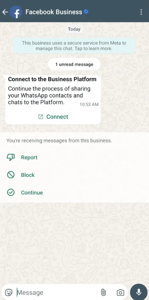 WhatsApp mobile app chat prompt from Facebook Business
