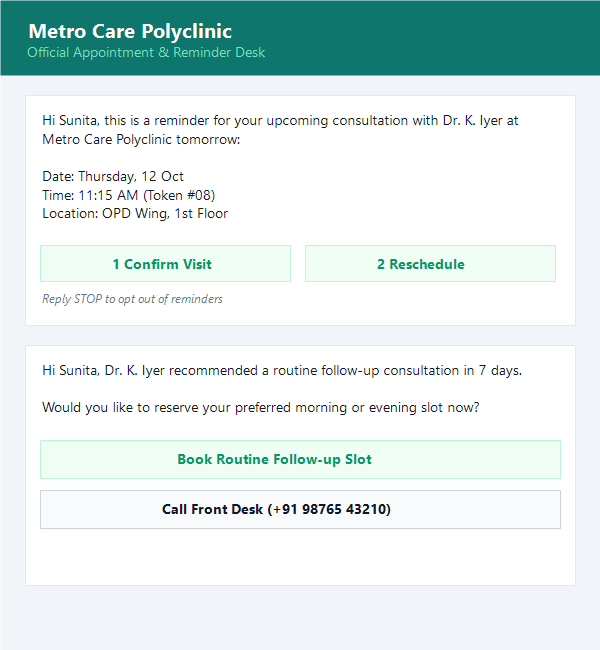 Example appointment reminder sent by a clinic on WhatsApp