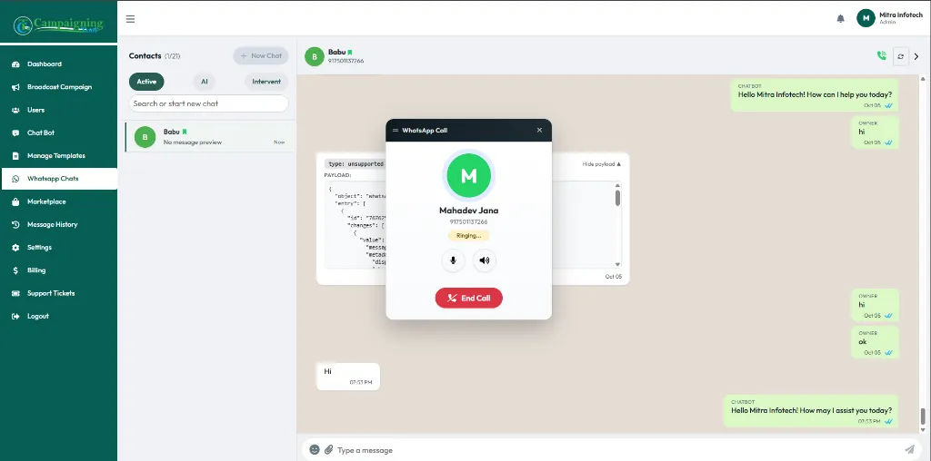WhatsApp call shown next to chat history in the CampaigningTool portal