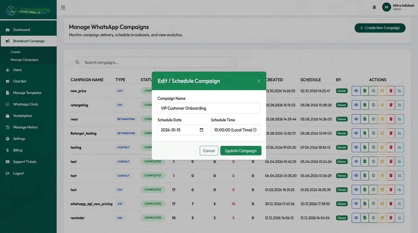 Scheduling a WhatsApp campaign in the CampaigningTool dashboard