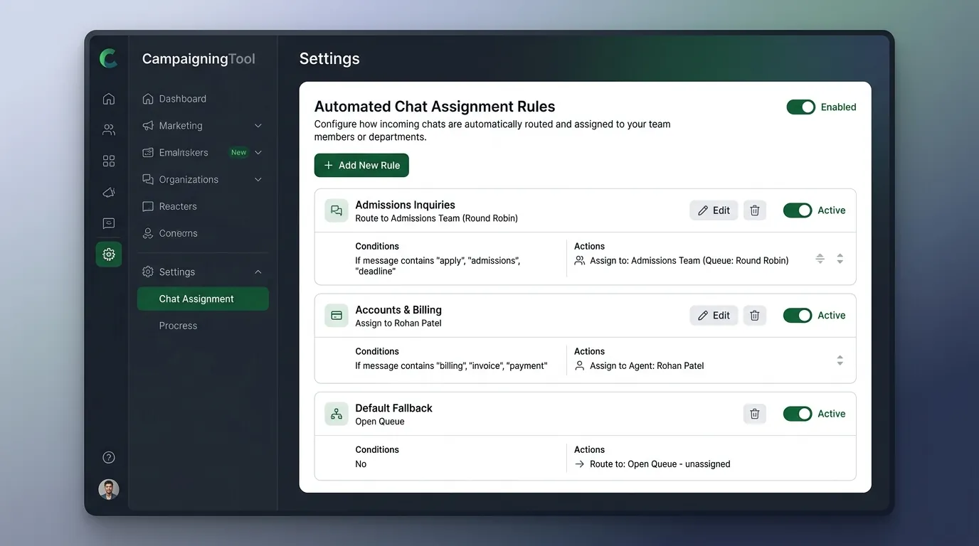 Setting rules to assign WhatsApp chats to agents