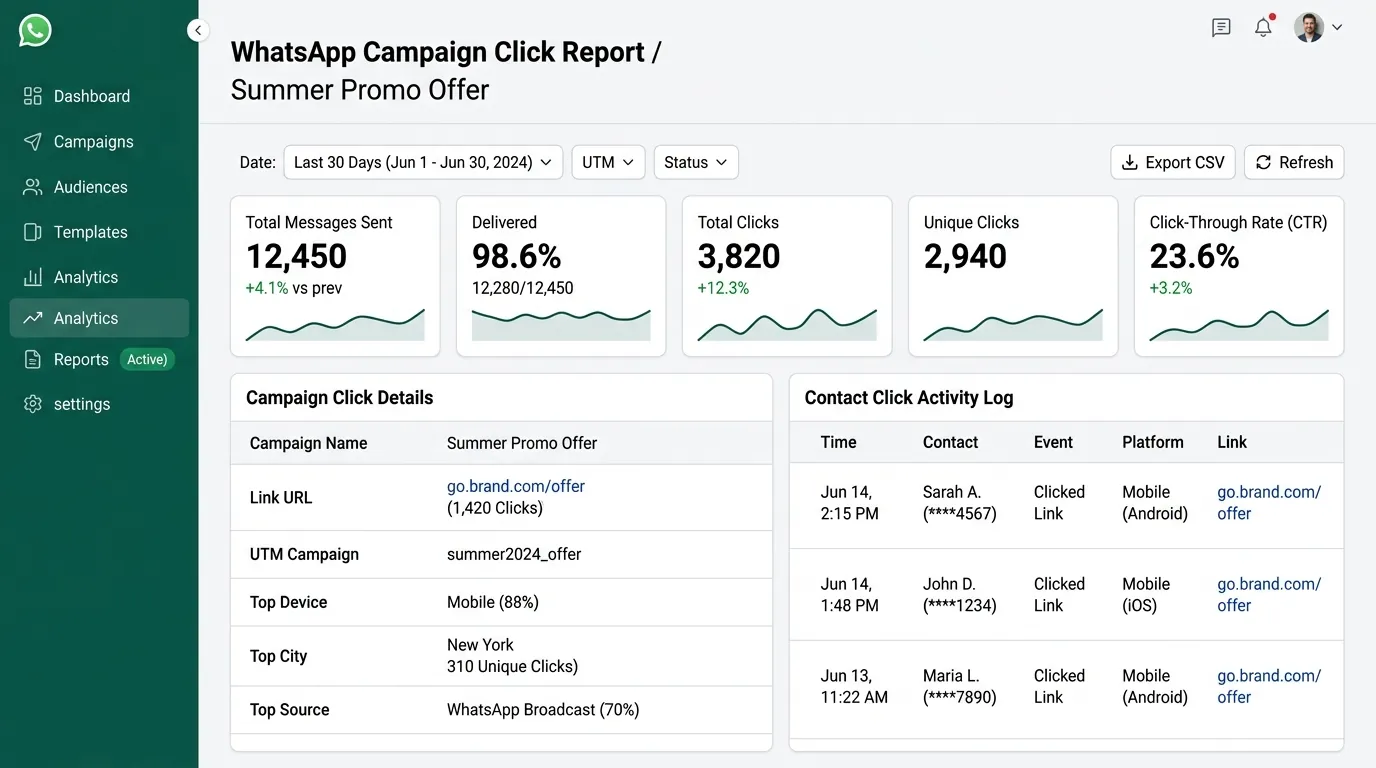 WhatsApp campaign click report showing clicks by link and contact