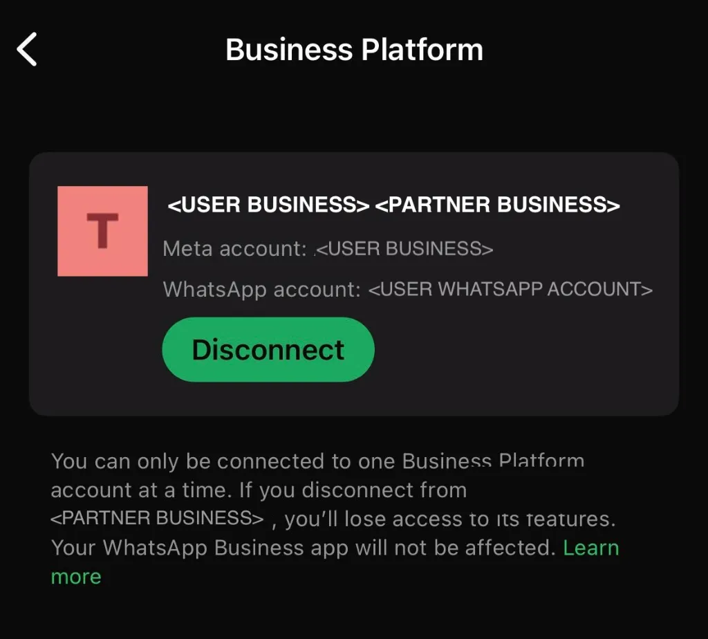 Business Platform disconnect settings screen in WhatsApp Business app
