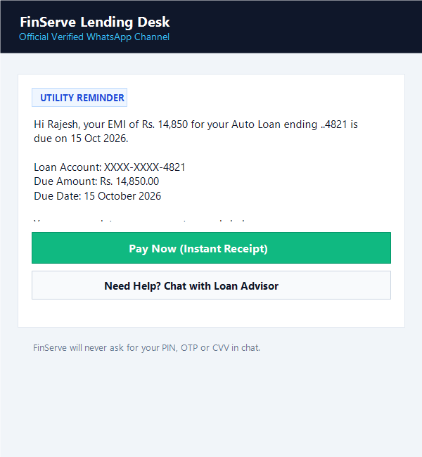 WhatsApp EMI reminder message with a Pay Now button