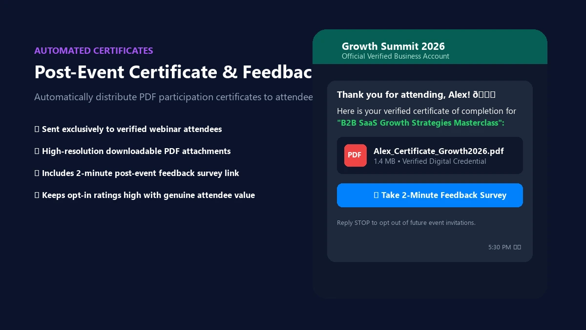 Example WhatsApp message delivering an event certificate