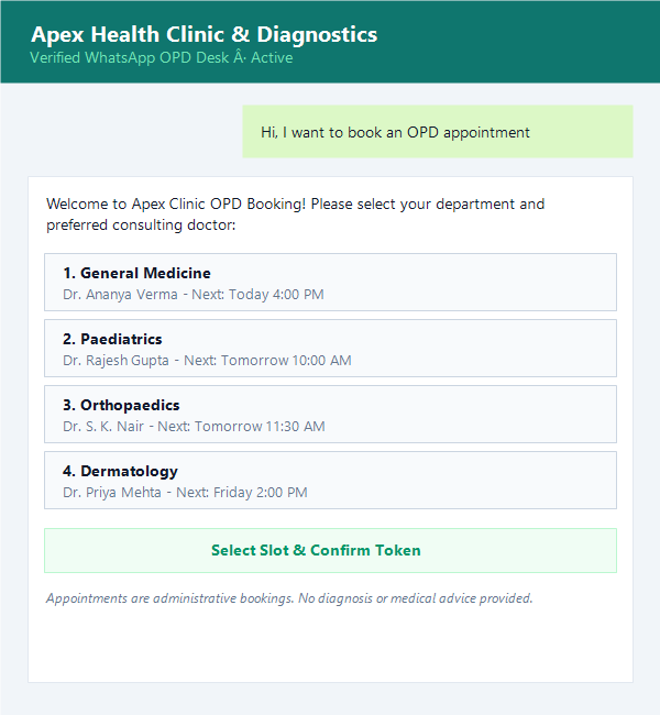 Example WhatsApp menu for booking an OPD appointment