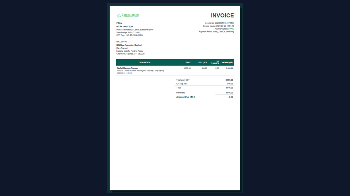 Sample invoice sent on WhatsApp after payment
