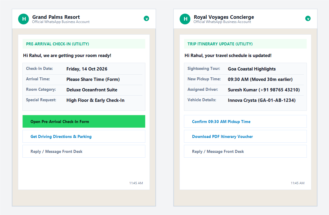 WhatsApp pre-arrival check-in and itinerary change messages