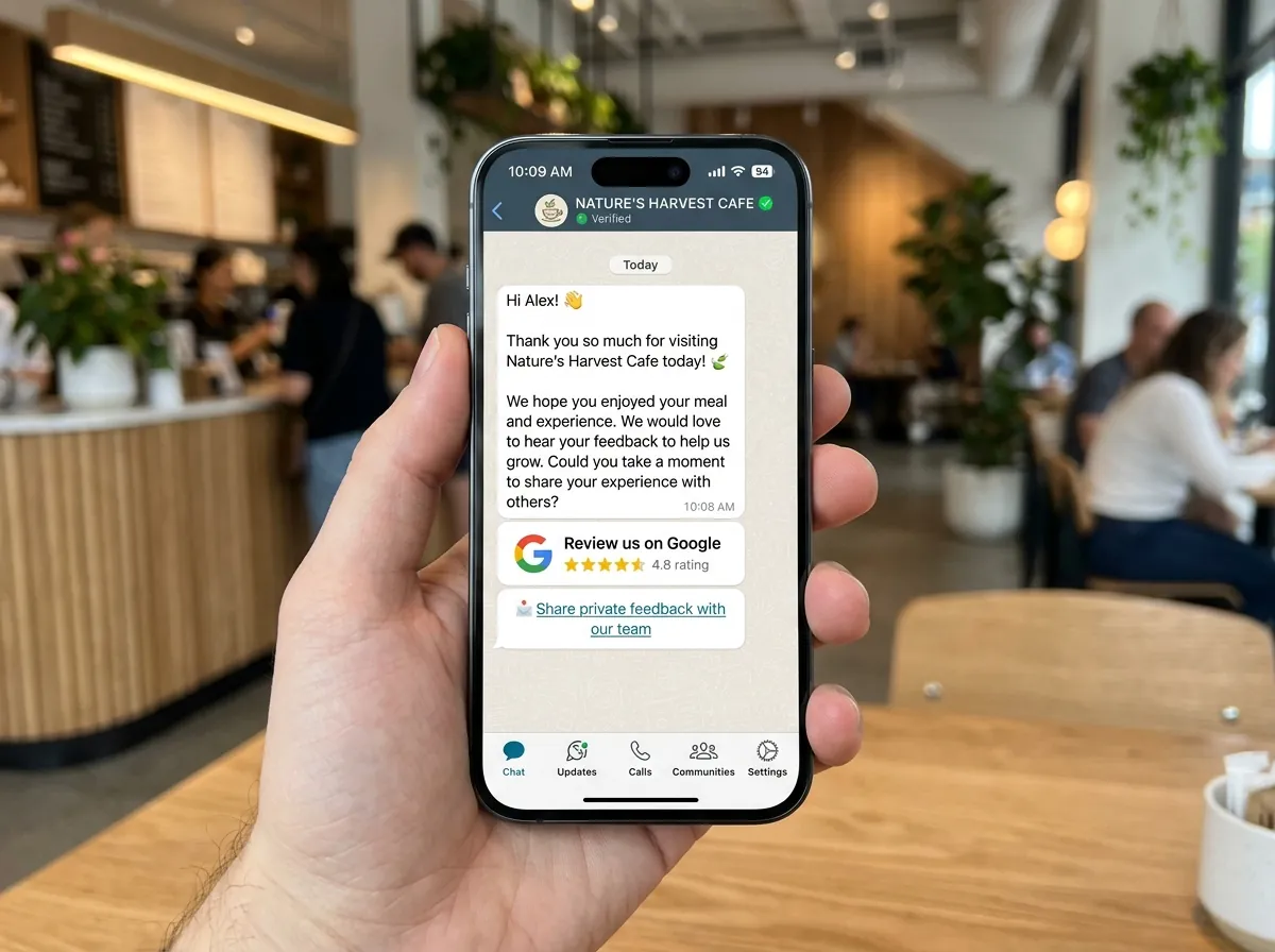 Example WhatsApp message asking a customer for a Google review