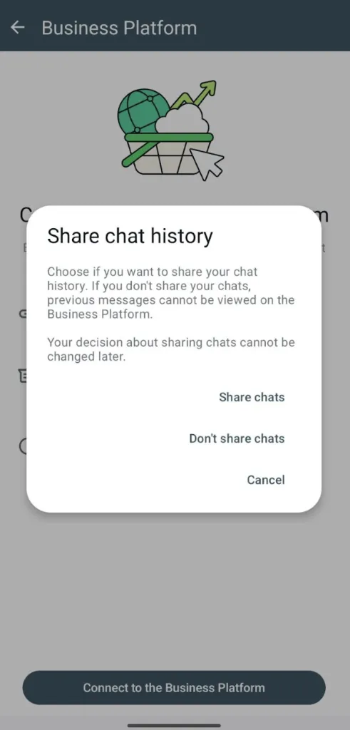 Share chat history prompt in WhatsApp Business app