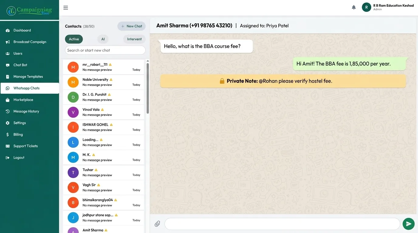 WhatsApp team inbox showing assigned chats and a private note