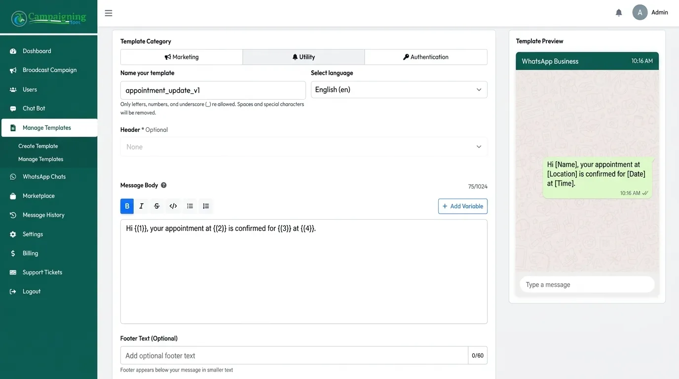 Submitting a WhatsApp message template in the CampaigningTool dashboard
