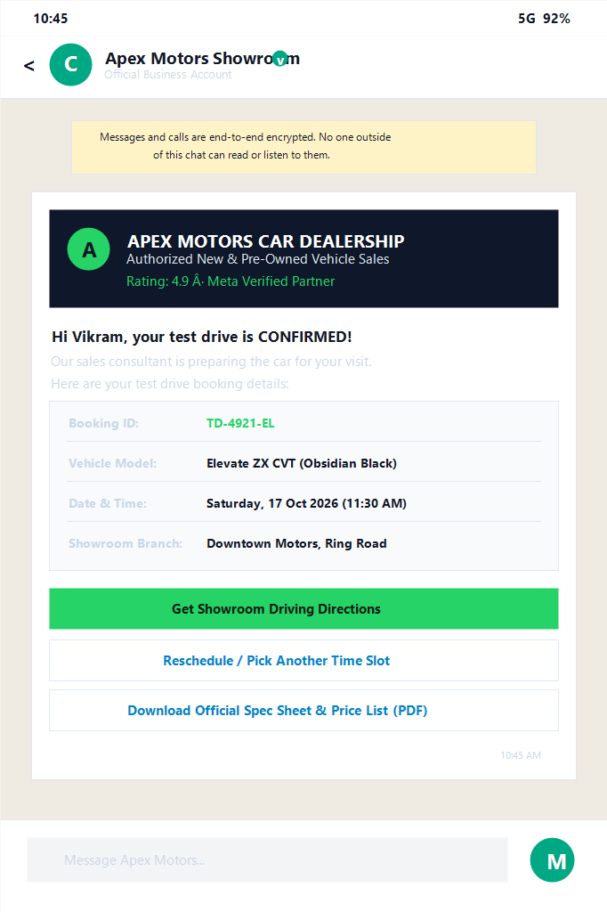 WhatsApp test drive confirmation message from a car dealership