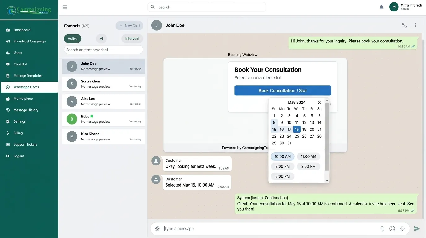 A booking page opening inside a WhatsApp chat and returning a confirmation